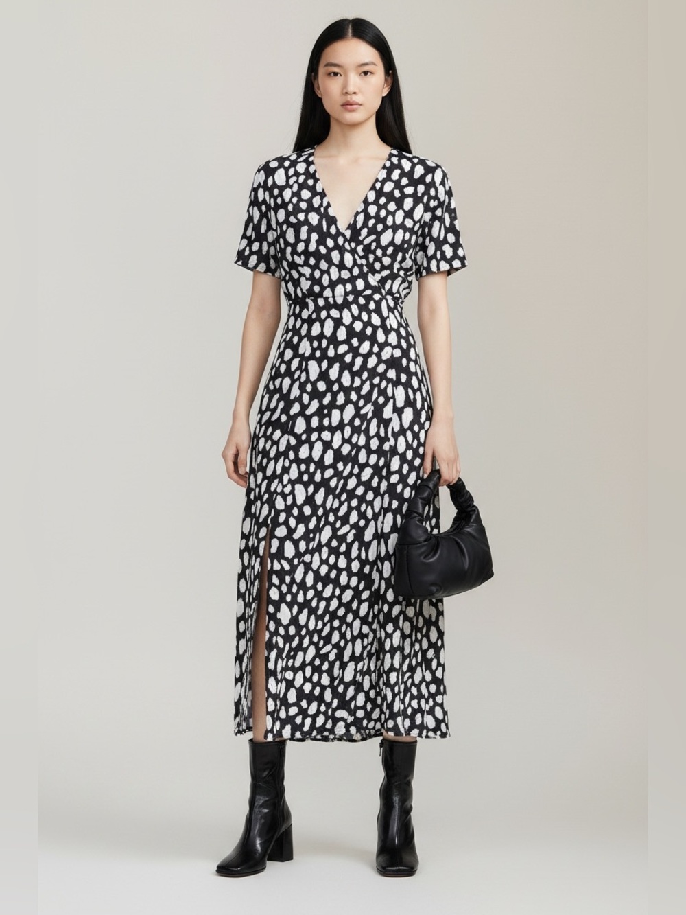 Maje Cow cloud Black white crepe animal print midi dress Medium Maximalist